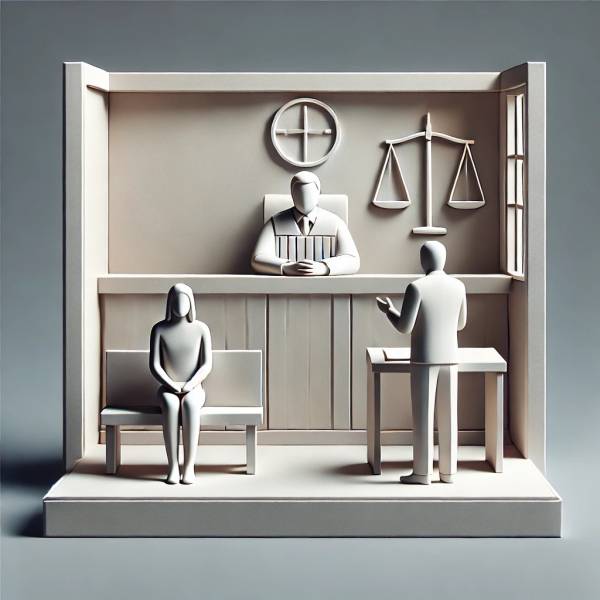 una mujer victima ante un juez en un tribunal